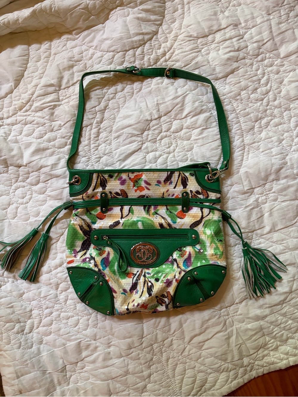 Sharif Green Floral Tassel Shoulder Bag